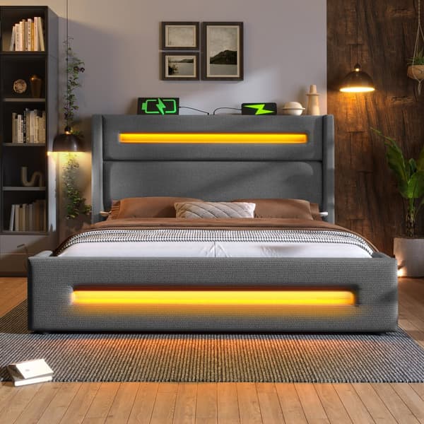 Parivuode 160x200 cm LEDillä, hydraulinen säilytystila, USB Type-C, metallirunko, harmaa, pellava, patjalla