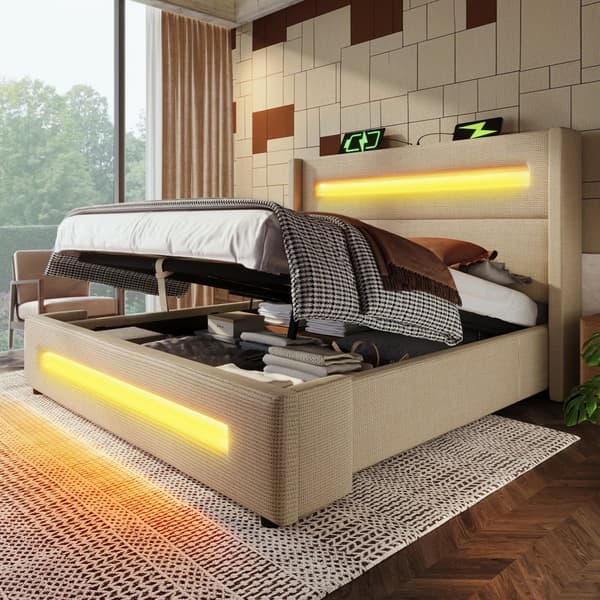 Dobbeltseng 160x200 cm med LED, hydraulisk opbevaringsrum, USB Type-C, metalstel, beige, linned, med madras