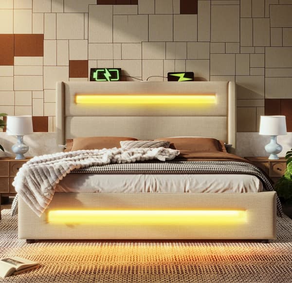 Parivuode 160x200 cm LEDillä, hydraulinen säilytyslokero, USB Type-C, metallirunko, beige, pellava, patjalla