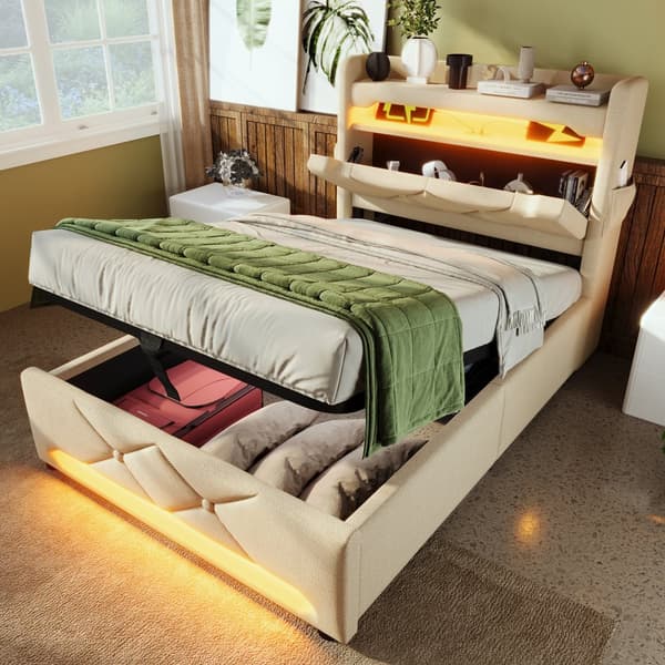 Yhden hengen sänky 90x200 cm, 360° LED, hydraulinen säilytystila, USB/Type-C, sängynpääty, beige, pellava, patjalla
