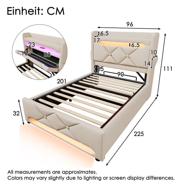 Yhden hengen sänky 90x200 cm, 360° LED, hydraulinen säilytystila, USB/Type-C, sängynpääty, beige, pellava, patjalla