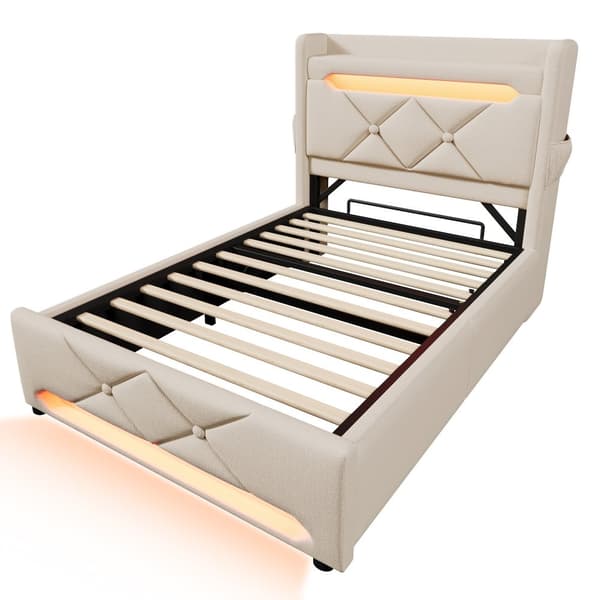 Enkeltseng 90x200 cm med 360° LED, hydraulisk opbevaringsplads, USB/Type-C, sengegavl, beige, linned, med madras