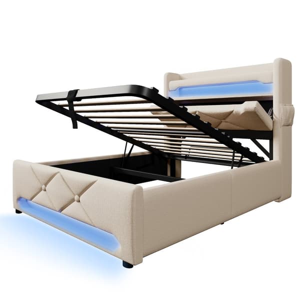Yhden hengen sänky 90x200 cm, 360° LED, hydraulinen säilytystila, USB/Type-C, sängynpääty, beige, pellava, patjalla