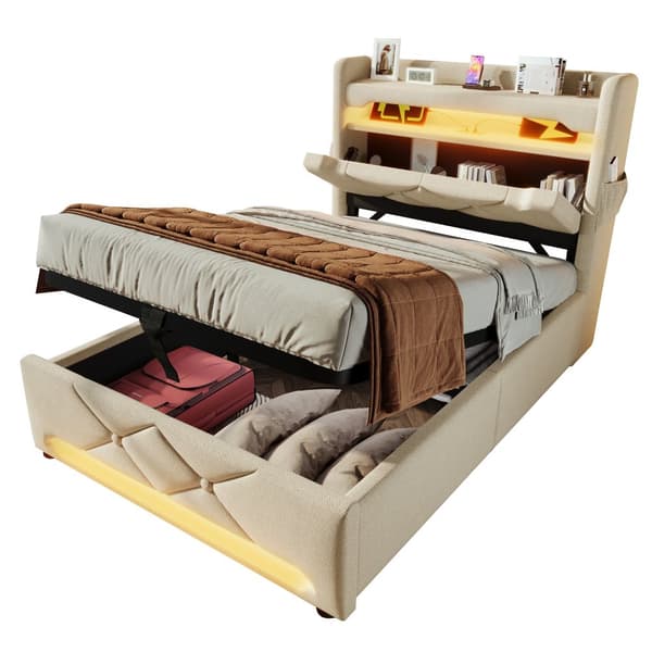 Yhden hengen sänky 90x200 cm, 360° LED, hydraulinen säilytystila, USB/Type-C, sängynpääty, beige, pellava, patjalla