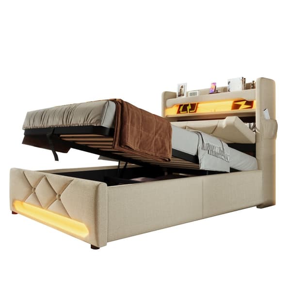 Enkeltseng 90x200 cm med 360° LED, hydraulisk opbevaringsplads, USB/Type-C, sengegavl, beige, linned, med madras