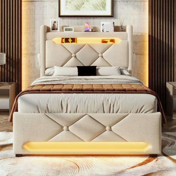 Yhden hengen sänky 90x200 cm, 360° LED, hydraulinen säilytystila, USB/Type-C, sängynpääty, beige, pellava, patjalla
