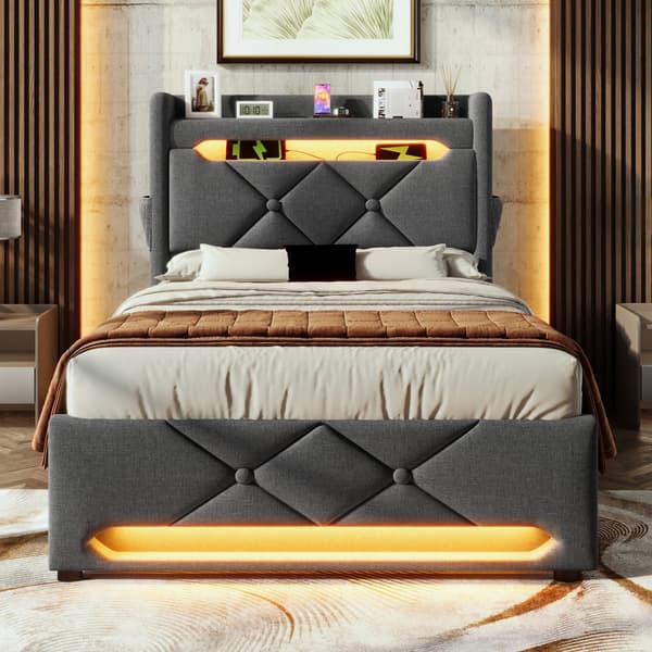 Yhden hengen sänky 90x200 cm, 360° LED, hydraulinen säilytystila, USB/Type-C, sängynpääty, harmaa, pellava, patjalla