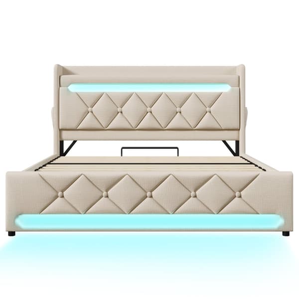 Parivuode 140x200 cm, 360° LED, hydraulinen säilytyslokero, USB/Type-C, sängynpääty, beige, pellava, patjalla