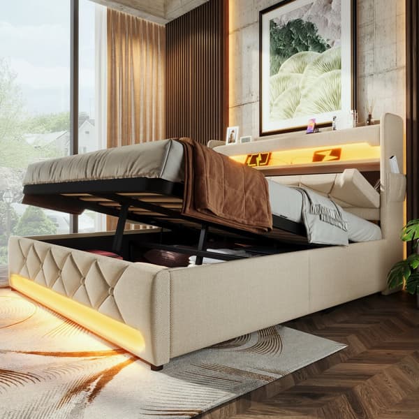Parivuode 160x200 cm, 360° LED, hydraulinen säilytystila, USB/Type-C, sängynpääty, beige, pellava, patjalla
