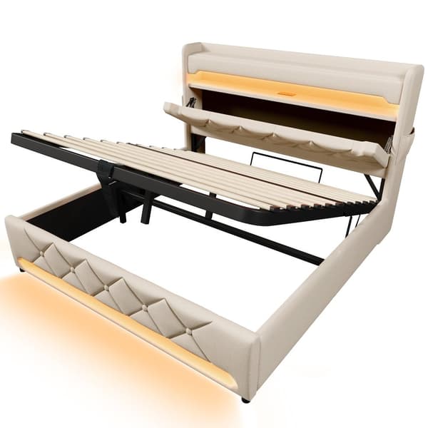 Parivuode 160x200 cm, 360° LED, hydraulinen säilytystila, USB/Type-C, sängynpääty, beige, pellava, patjalla