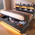 Pikkukuva 3 / 11: Parivuode 160x200 cm, 360° LED, hydraulinen säilytystila, USB/Type-C, sängynpääty, harmaa, pellava, patjalla