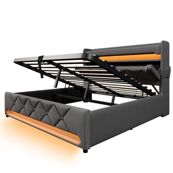 Dobbeltseng 160x200 cm med 360° LED, hydraulisk opbevaringsplads, USB/Type-C, sengegavl, grå, linned, med madras