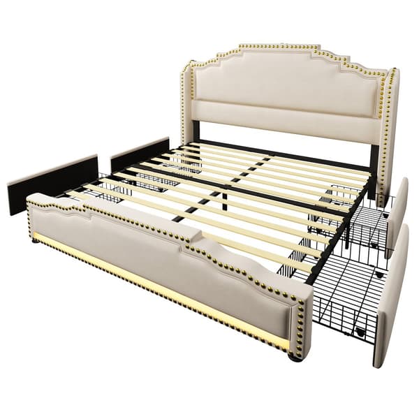 Parivuode 140x200 cm, 4 laatikkoa, LED-valaistus, USB-C, sängynrunko säilytystilalla, sametti, beige, patjalla