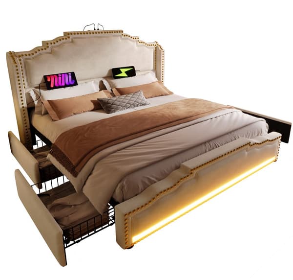 Parivuode 140x200 cm, 4 laatikkoa, LED-valaistus, USB-C, sängynrunko säilytystilalla, sametti, beige, patjalla