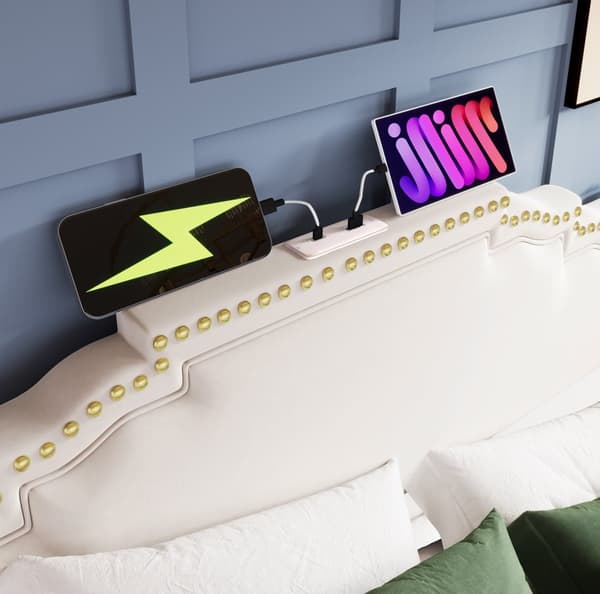 Parivuode 140x200 cm, 4 laatikkoa, LED-valaistus, USB-C, sängynrunko säilytystilalla, sametti, beige, patjalla