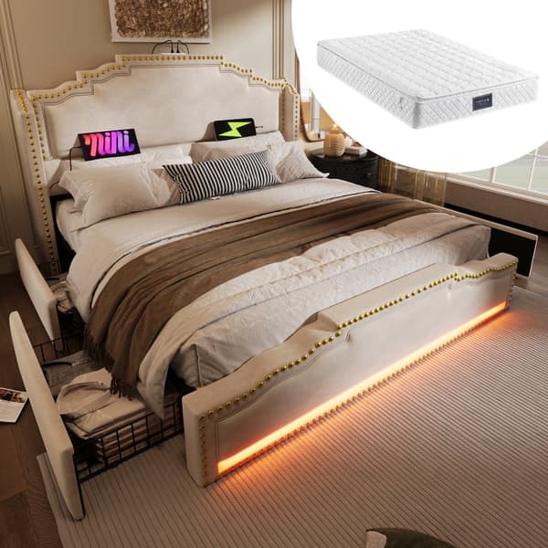 Parivuode 140x200 cm, 4 laatikkoa, LED-valaistus, USB-C, sängynrunko säilytystilalla, sametti, beige, patjalla