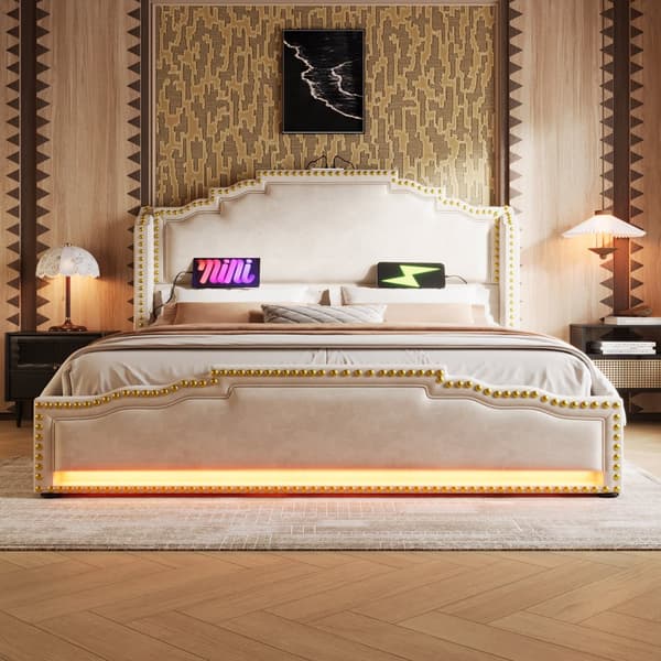 Parivuode 140x200 cm, 4 laatikkoa, LED-valaistus, USB-C, sängynrunko säilytystilalla, sametti, beige, patjalla