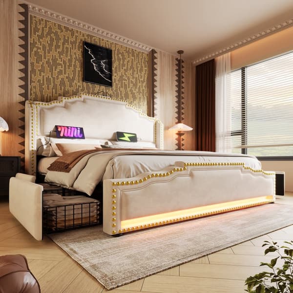 Dobbeltseng 160x200 cm med 4 skuffer, LED-belysning, USB-C, opbevaring, lamelbund, fløjl, beige, med madras