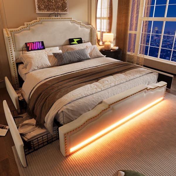 Parivuode 160x200 cm, 4 laatikkoa, LED-valaistus, USB-C, säilytystila, sälepohja, sametti, beige, patjalla