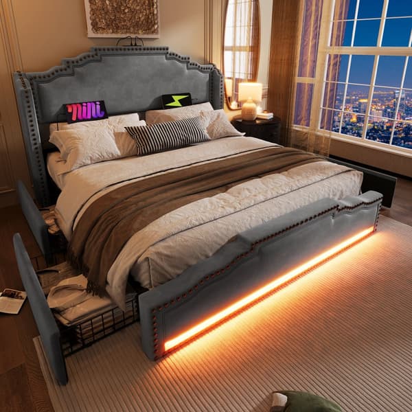 Dobbeltseng 140x200 cm med 4 skuffer, LED-belysning, USB-C, sengeramme med opbevaring, lamelbund, fløjl, grå, med madras