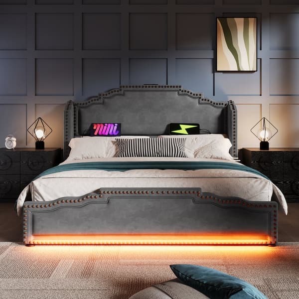 Dobbeltseng 140x200 cm med 4 skuffer, LED-belysning, USB-C, sengeramme med opbevaring, lamelbund, fløjl, grå, med madras