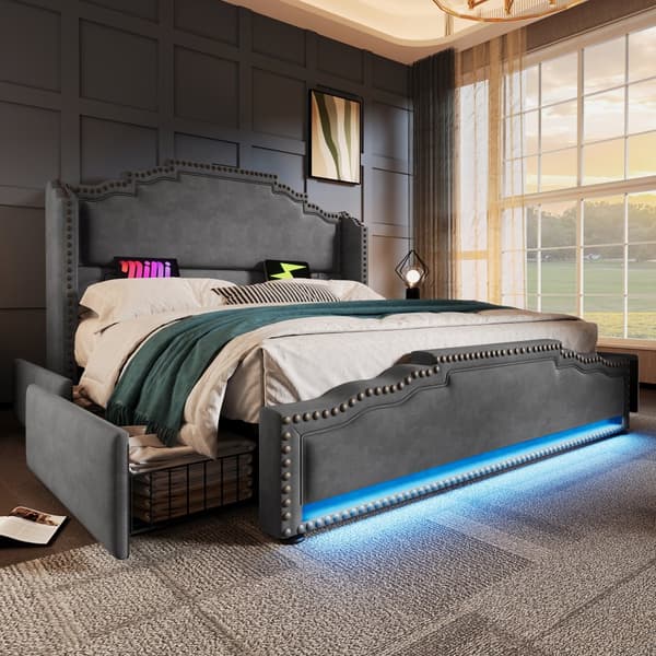 Dobbeltseng 160x200 cm med 4 skuffer, LED-belysning, USB-C opladning, lamelbund, opbevaring, fløjl, grå, med madras