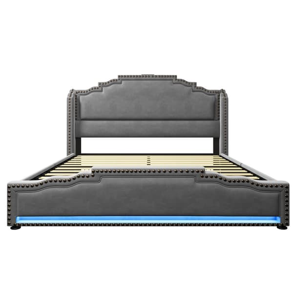 Dobbeltseng 160x200 cm med 4 skuffer, LED-belysning, USB-C opladning, lamelbund, opbevaring, fløjl, grå, med madras