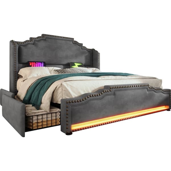 Dobbeltseng 160x200 cm med 4 skuffer, LED-belysning, USB-C opladning, lamelbund, opbevaring, fløjl, grå, med madras