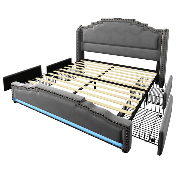 Dobbeltseng 160x200 cm med 4 skuffer, LED-belysning, USB-C opladning, lamelbund, opbevaring, fløjl, grå, med madras