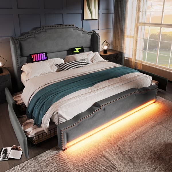 Dobbeltseng 160x200 cm med 4 skuffer, LED-belysning, USB-C opladning, lamelbund, opbevaring, fløjl, grå, med madras