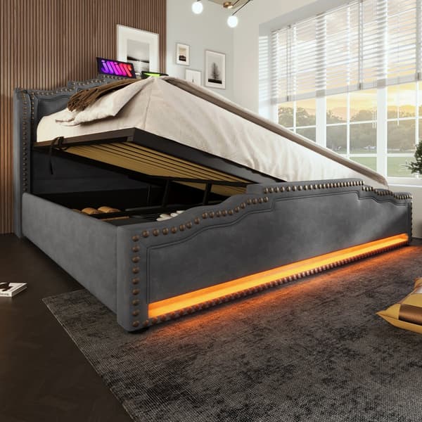 Polstret seng 140x200 cm med hydraulisk opbevaring, LED-belysning, USB-C, velour, grå, inkl. madras