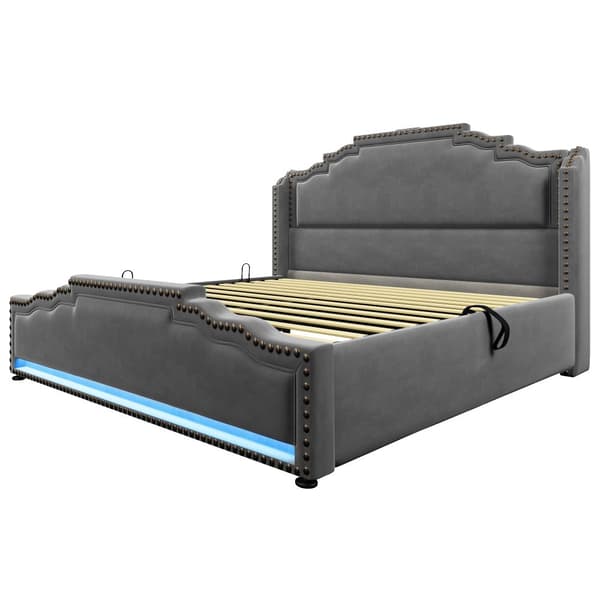 Polstret seng 140x200 cm med hydraulisk opbevaring, LED-belysning, USB-C, velour, grå, inkl. madras
