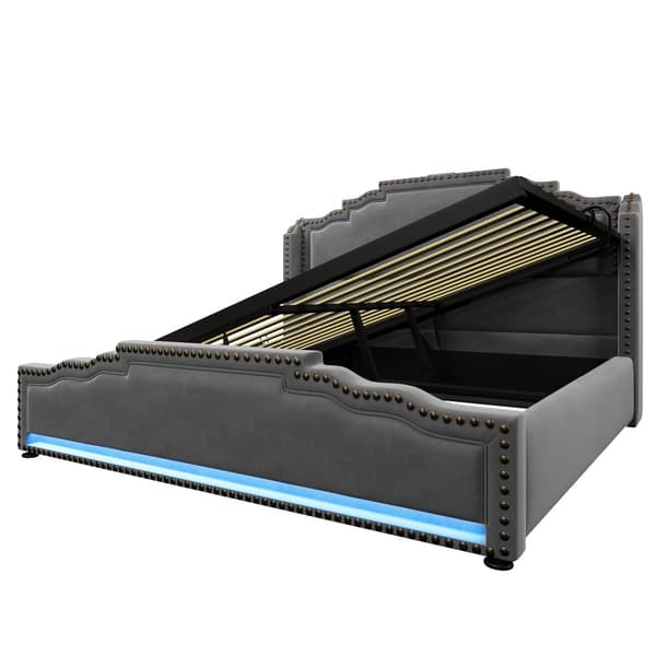 Polstret seng 140x200 cm med hydraulisk opbevaring, LED-belysning, USB-C, velour, grå, inkl. madras