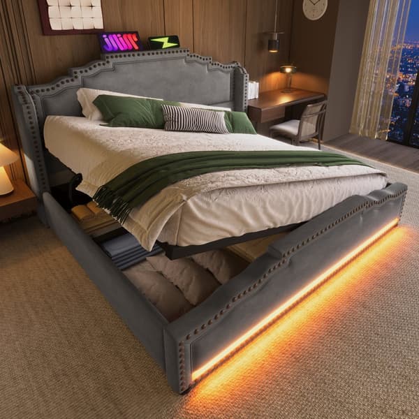 Polstret seng 140x200 cm med hydraulisk opbevaring, LED-belysning, USB-C, velour, grå, inkl. madras