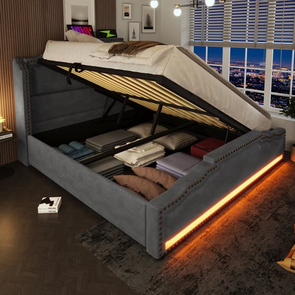Polstret seng 160x200 cm med hydraulisk opbevaring, LED-belysning, USB-C, velour, grå, inkl. madras