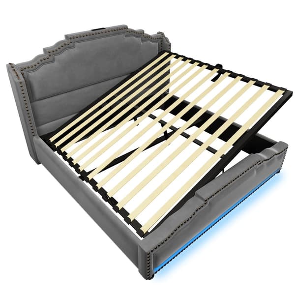 Polstret seng 160x200 cm med hydraulisk opbevaring, LED-belysning, USB-C, velour, grå, inkl. madras