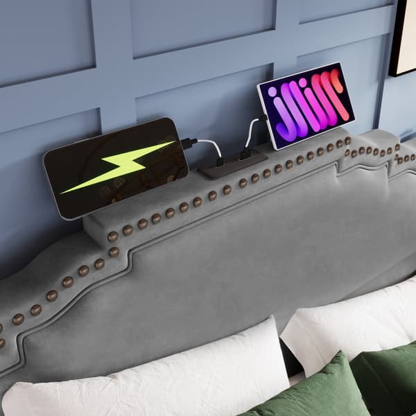 Polstret seng 160x200 cm med hydraulisk opbevaring, LED-belysning, USB-C, velour, grå, inkl. madras