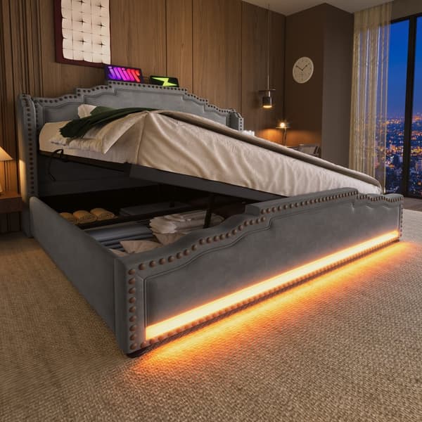 Polstret seng 160x200 cm med hydraulisk opbevaring, LED-belysning, USB-C, velour, grå, inkl. madras