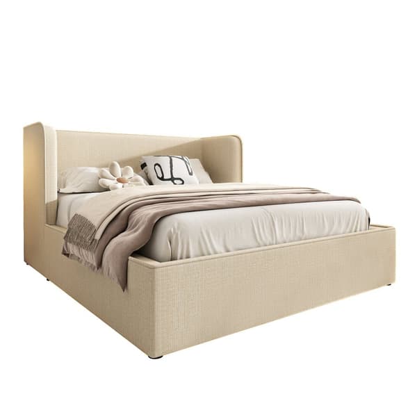Pehmustettu sänky 160x200 cm hydraulinen säilytys, leveät sivutuet, irrotettava päällinen, leinen, beige, sis. patjan