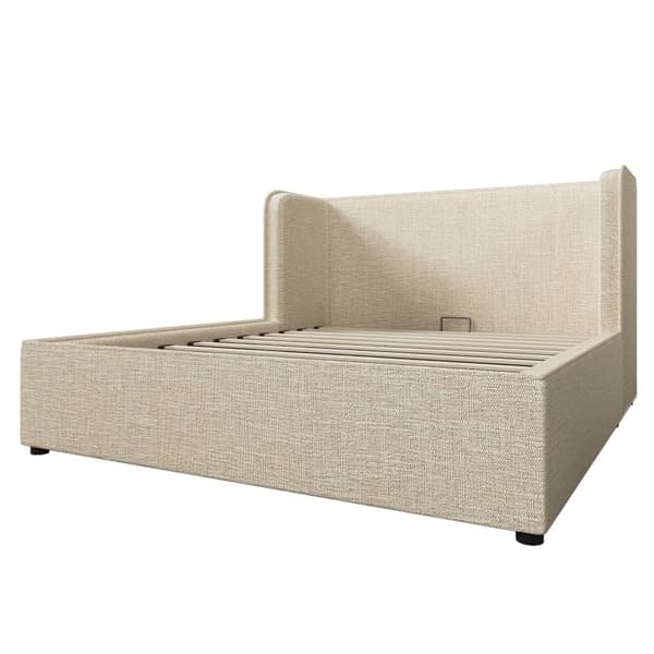 Pehmustettu sänky 160x200 cm hydraulinen säilytys, leveät sivutuet, irrotettava päällinen, leinen, beige, sis. patjan