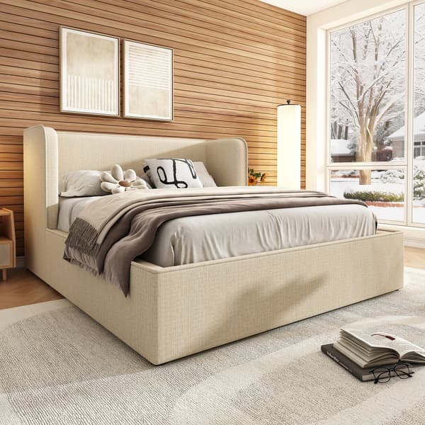 Pehmustettu sänky 160x200 cm hydraulinen säilytys, leveät sivutuet, irrotettava päällinen, leinen, beige, sis. patjan