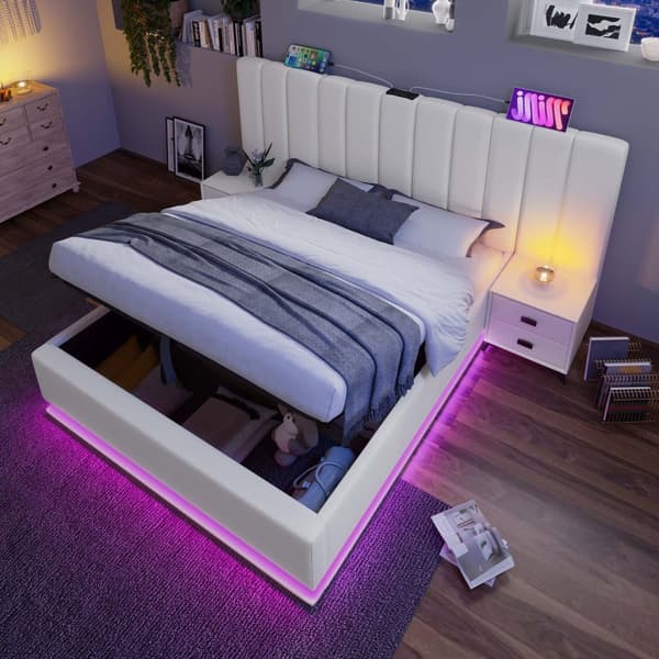 Pehmustettu sänky 160x200 cm säilytystilalla, sovellusohjattava LED, USB-C, PU, valkoinen, sis. patjan, ilman yöpöytää
