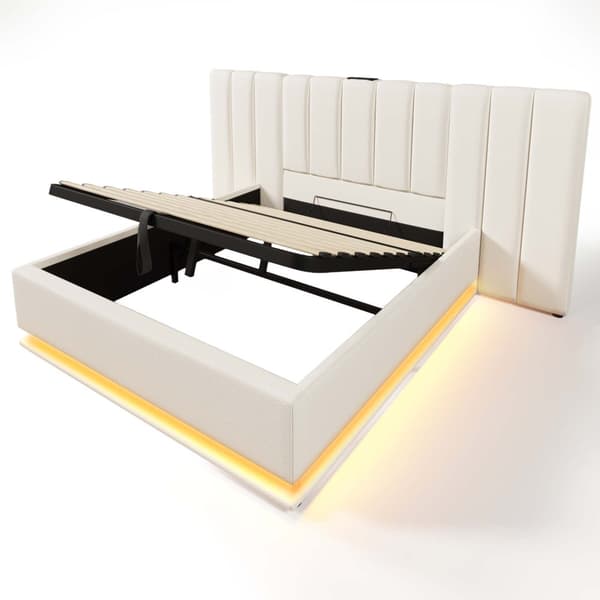 Pehmustettu sänky 160x200 cm säilytystilalla, sovellusohjattava LED, USB-C, PU, valkoinen, sis. patjan, ilman yöpöytää