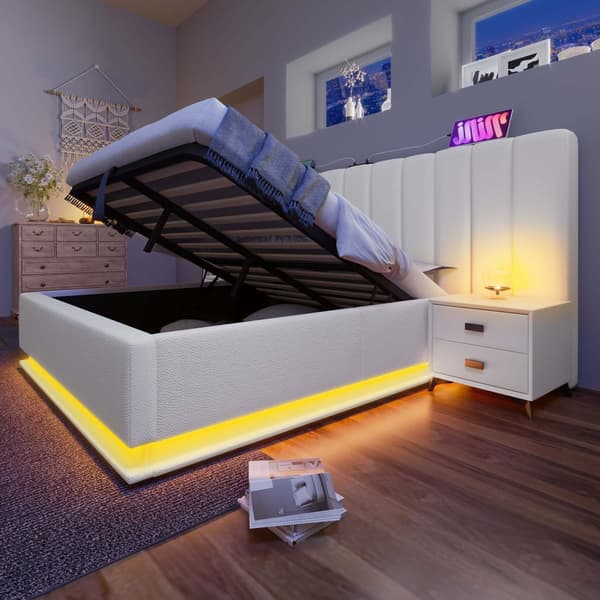 Pehmustettu sänky 160x200 cm säilytystilalla, sovellusohjattava LED, USB-C, PU, valkoinen, sis. patjan, ilman yöpöytää