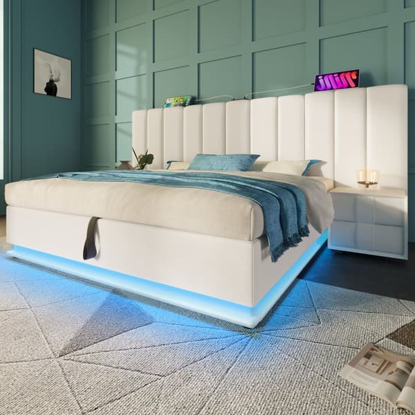 Polstret seng 160x200 cm med opbevaring, app-styret LED, USB-C, PU, hvid, inkl. madras, uden natbord