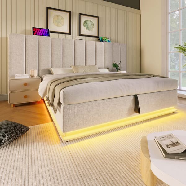 Pehmustettu sänky 160x200 cm säilytystilalla, sovellusohjattava LED, USB-C, leinen, beige, sis. patjan, ilman yöpöytää
