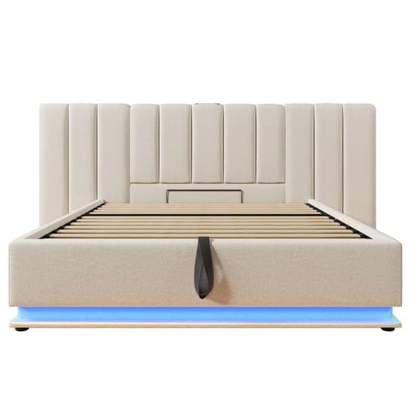 Pehmustettu sänky 160x200 cm säilytystilalla, sovellusohjattava LED, USB-C, leinen, beige, sis. patjan, ilman yöpöytää