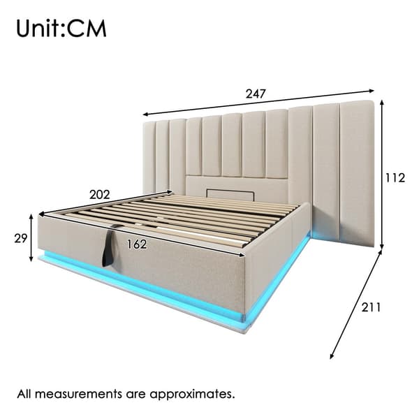 Pehmustettu sänky 160x200 cm säilytystilalla, sovellusohjattava LED, USB-C, leinen, beige, sis. patjan, ilman yöpöytää