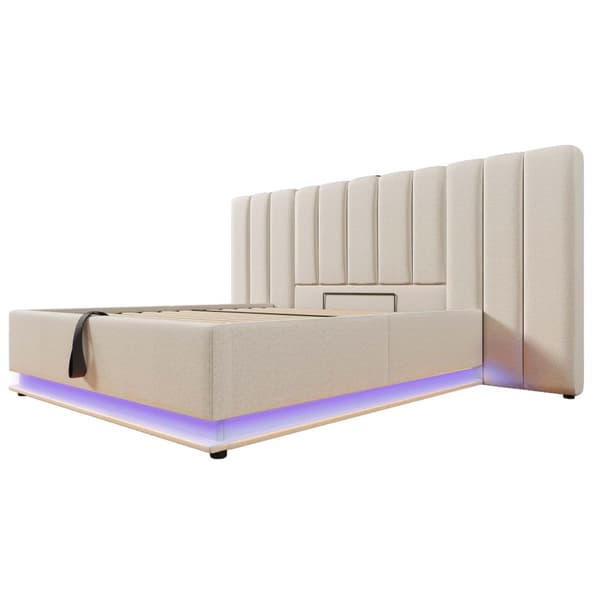Pehmustettu sänky 160x200 cm säilytystilalla, sovellusohjattava LED, USB-C, leinen, beige, sis. patjan, ilman yöpöytää