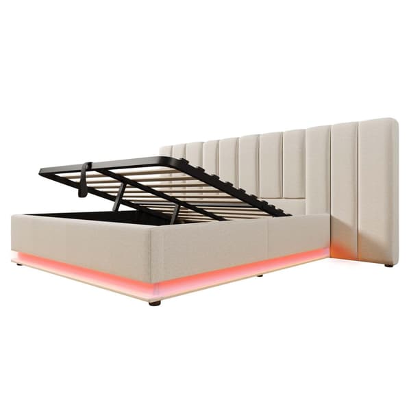 Pehmustettu sänky 160x200 cm säilytystilalla, sovellusohjattava LED, USB-C, leinen, beige, sis. patjan, ilman yöpöytää